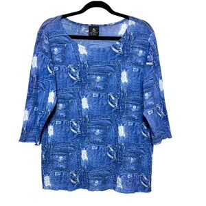 Anxiety Cafe Y2K Denim Print Top Womens Size XL Indie Sleaze Street Style Baddie